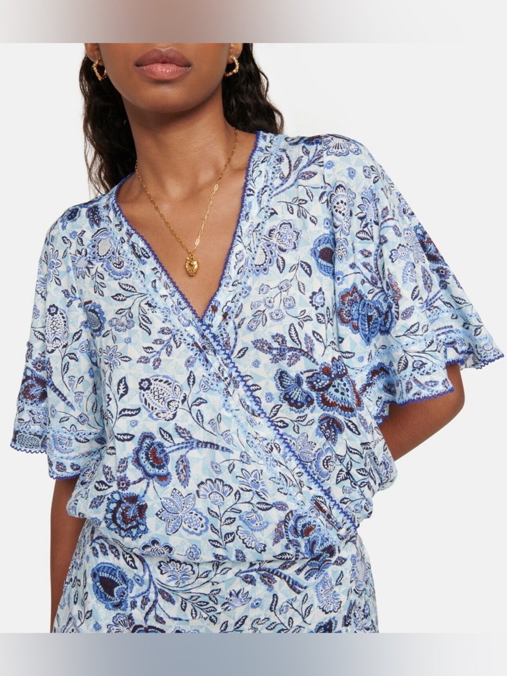 Poupette St Barth Becca Floral Crepe Top Blue Navy - Small (S) Faux Wrap Lace